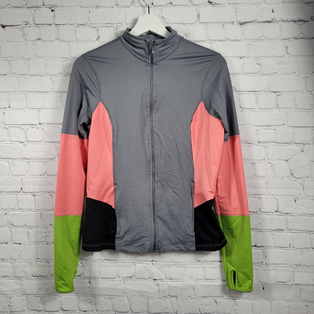 Spanx Active Mod Bod Gray Pink Green Colorblock Full Zip Workout Jacket